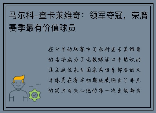 马尔科-查卡莱维奇：领军夺冠，荣膺赛季最有价值球员